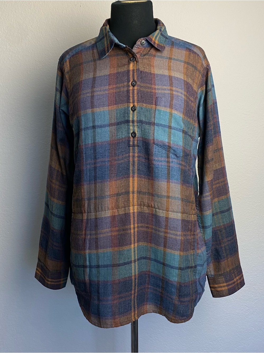 Toad & Co 1/2 Button Flannel Tunic Shirt Women Medium Plaid Long Sleeve Pullover